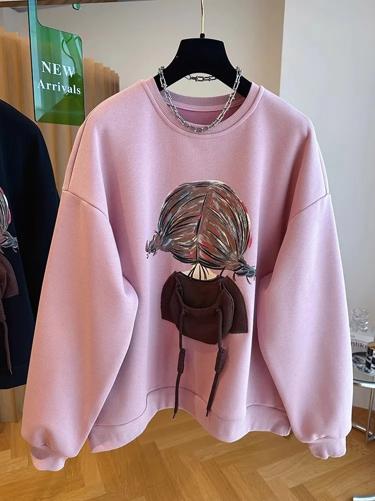 歐貨立體帽兜女孩印花加厚加絨衛衣女秋冬寬鬆套頭圓領童趣風上衣