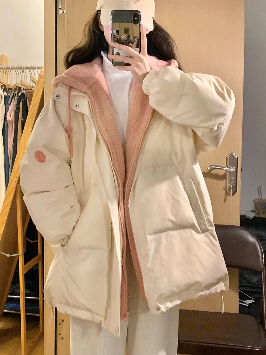 官圖大碼女裝棉服2023年新款冬季加厚麵包服寬鬆假兩件棉衣外套
