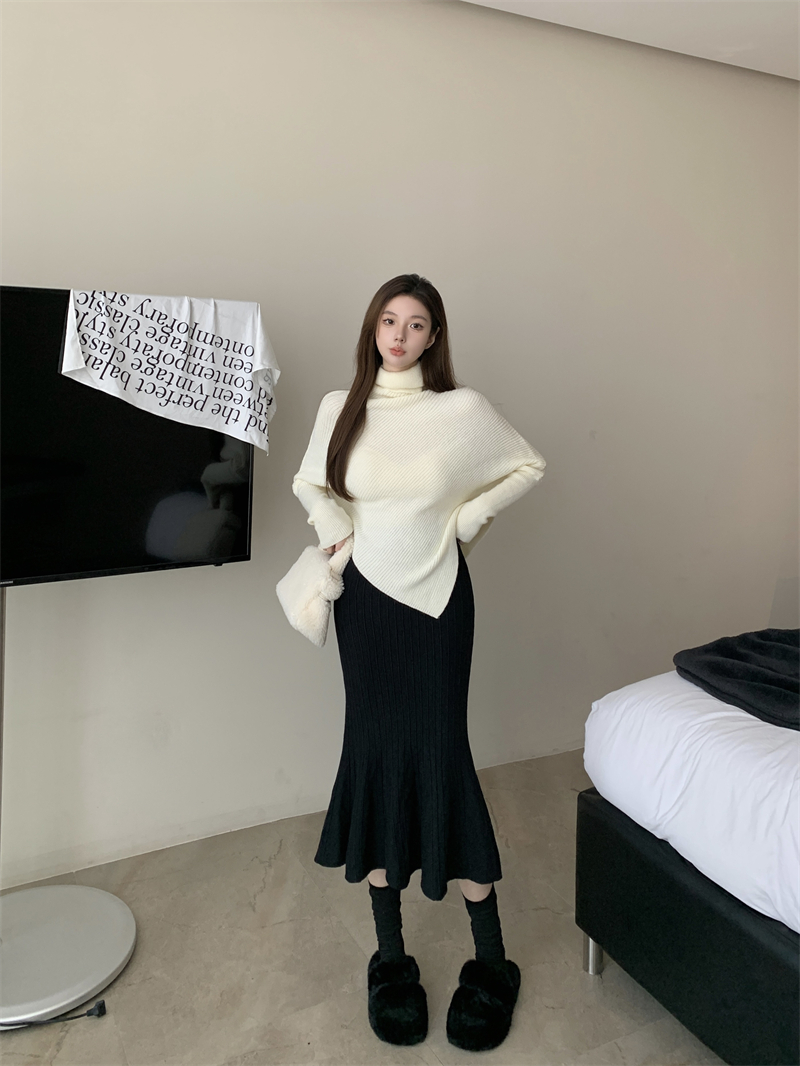 實拍 不規則蝙蝠袖高領加厚慵懶風針織衫+黑色顯瘦魚尾長裙