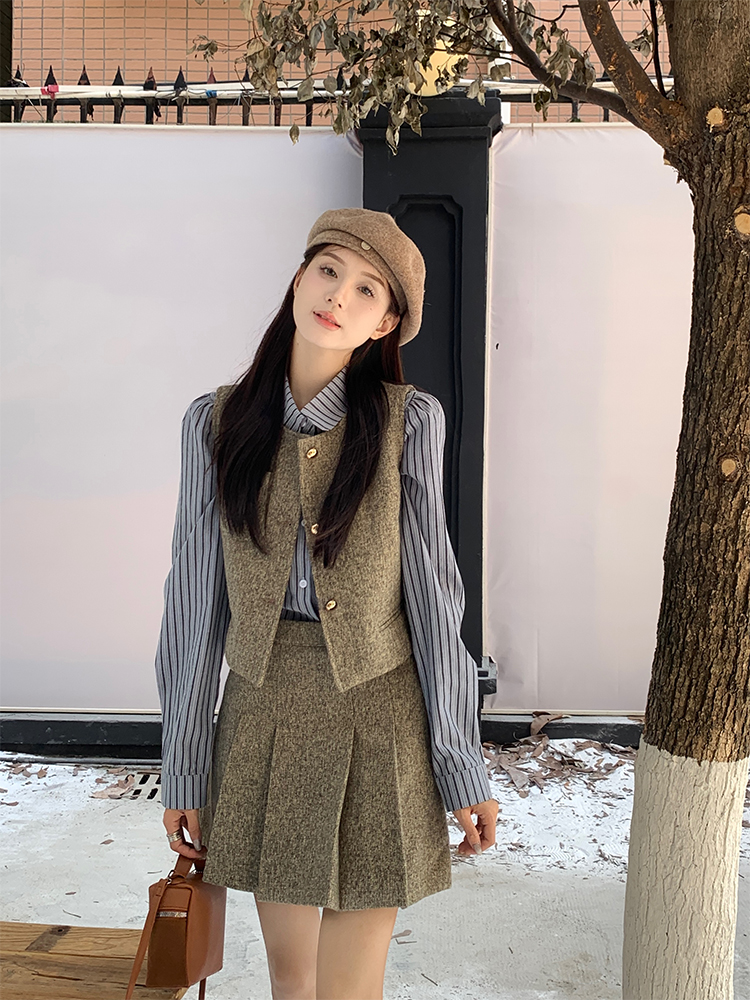 實拍 美拉德套裝女小香風馬甲條紋襯衫百褶短裙半裙四件套