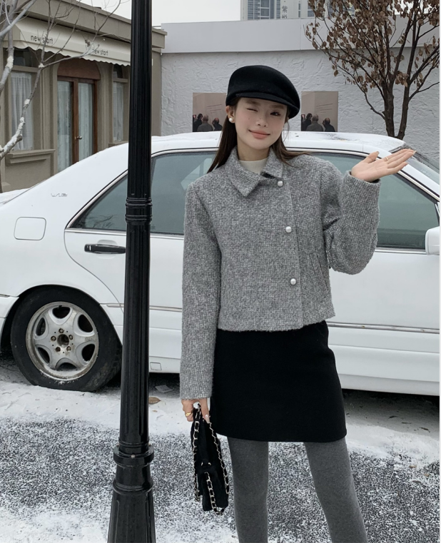 實拍！韓系倆穿翻領可立領小香風夾棉呢子外套短款粗花呢上衣女