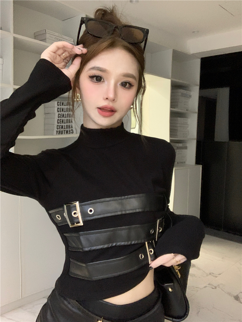 實拍~2023秋冬新款小眾名媛辣妹皮卡扣綁帶修身高領長袖上衣