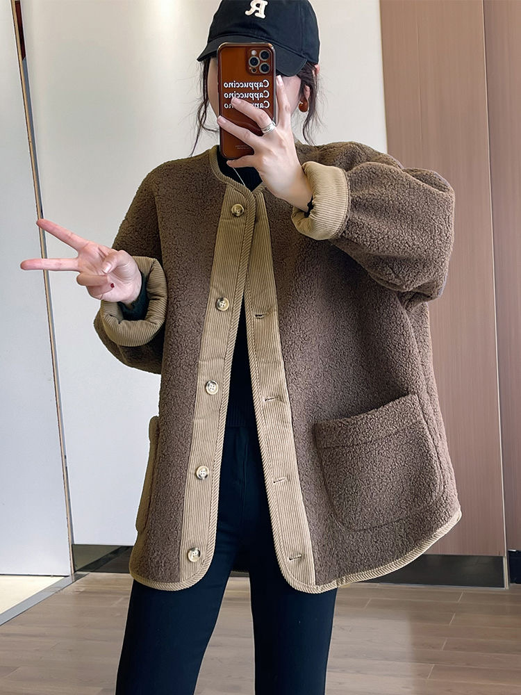 羊羔毛外套女新款2023秋冬短款名媛復古高級感加厚棒球服上衣