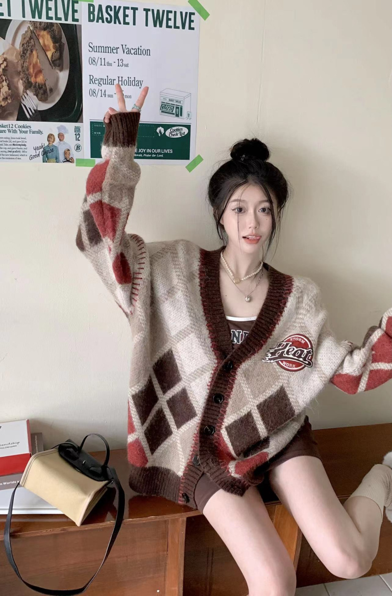實拍  美式復古菱格毛衣開衫外套女寬鬆中長款針織衫上衣