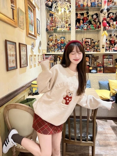 Autumn and winter retro terry embroidery teddy bear pullover sweater women's loose-fitting lazy style heavyweight crewneck knitwear