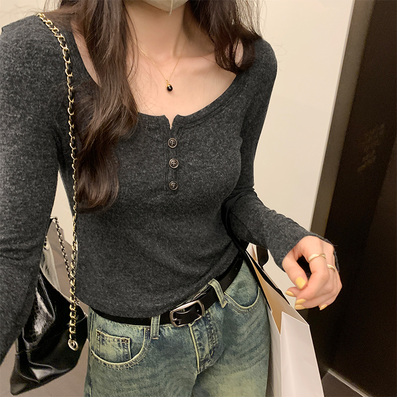 Real photos of early autumn new Korean half-breasted solid color slim-fit bottoming shirt long-sleeved T-shirt