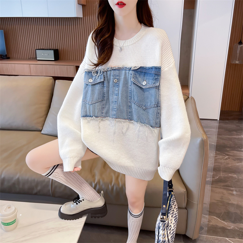 實拍 秋冬韓版寬鬆圓領牛仔拼接上衣保暖針織衫毛衣女