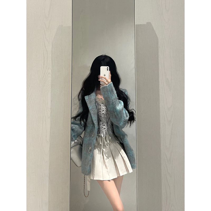 2023韓版時尚呢絨有里布美式復古設計毛呢格子外套女秋冬西裝上衣