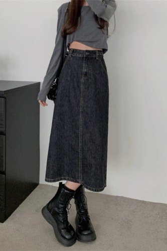 Real shot-retro new denim autumn and winter skirt women's straight twist waist denim skirt