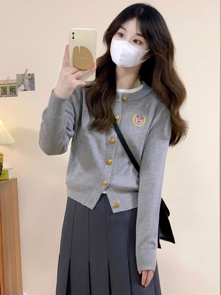 小個子學院風針織開衫女秋季穿搭高級感灰色毛衣外套2023新款套裝