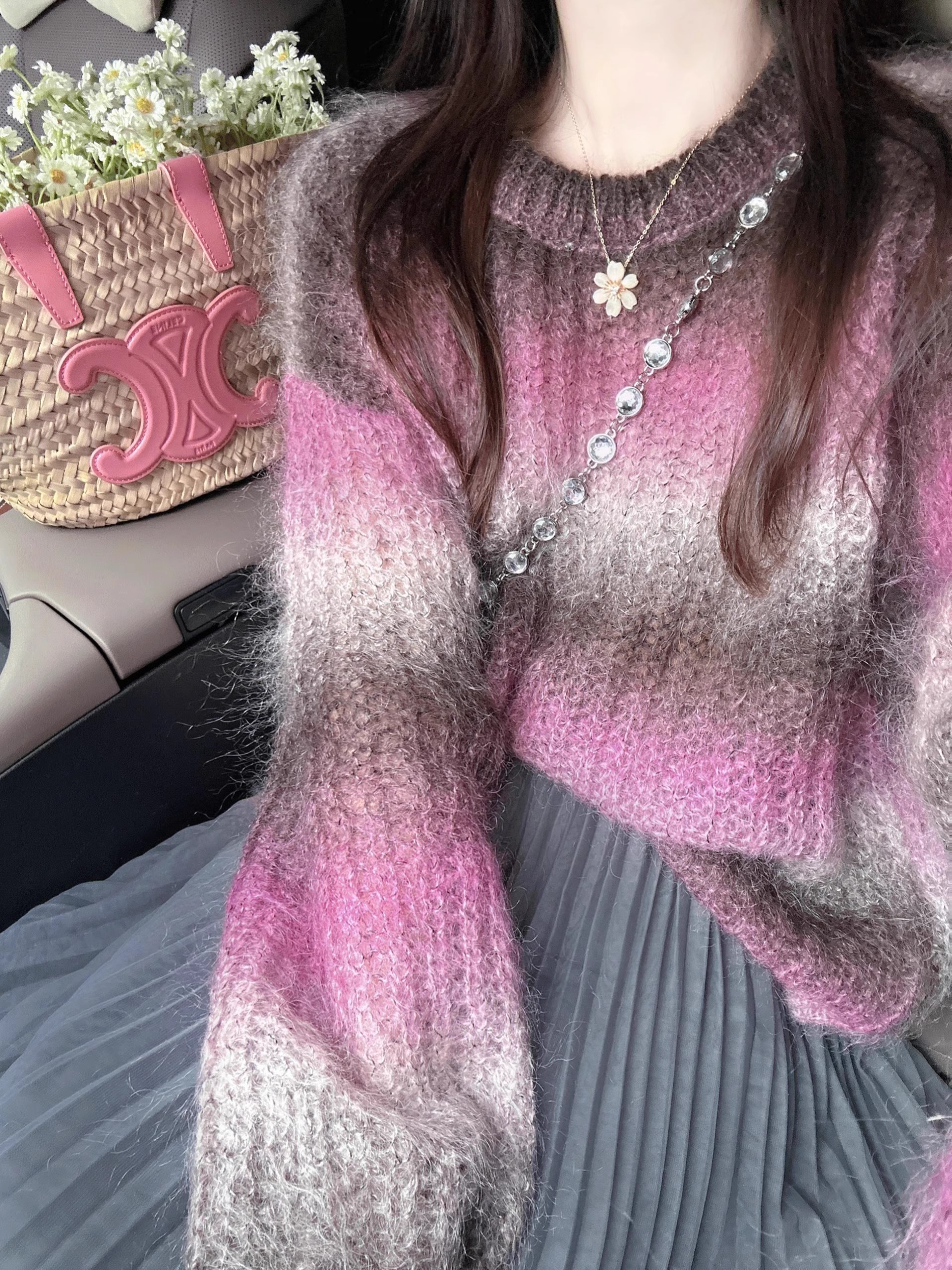 法式高級感馬海毛寬鬆漸變毛衣女秋冬慵懶風奶fufu針織衫上衣