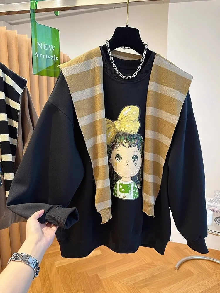 設計感寬鬆休領復古女孩印花外搭披肩加絨加厚衛衣女兩件套上衣秋