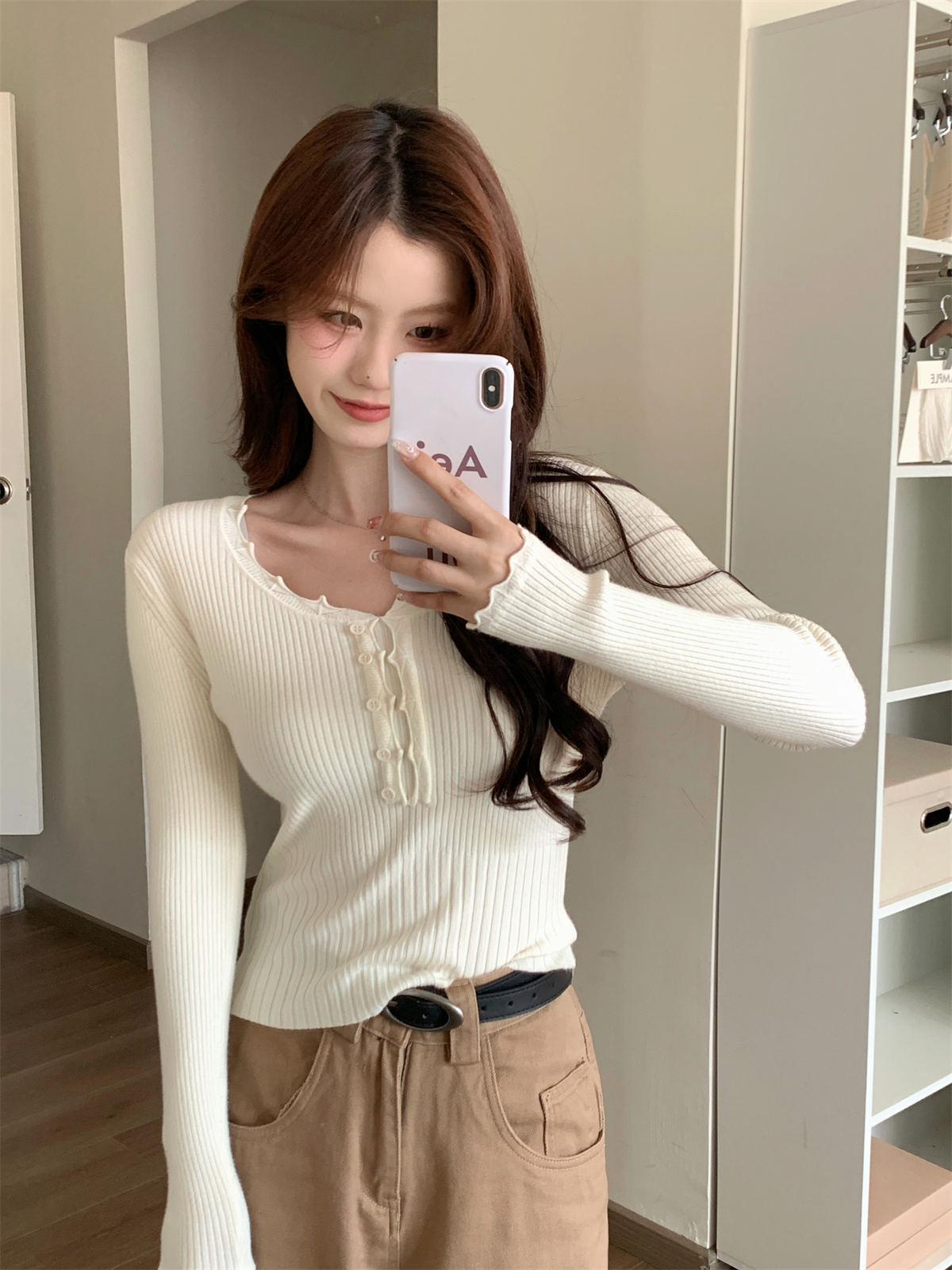 實拍 秋冬韓版修身低圓領紐扣花邊顯瘦設計感針織打底毛衣女