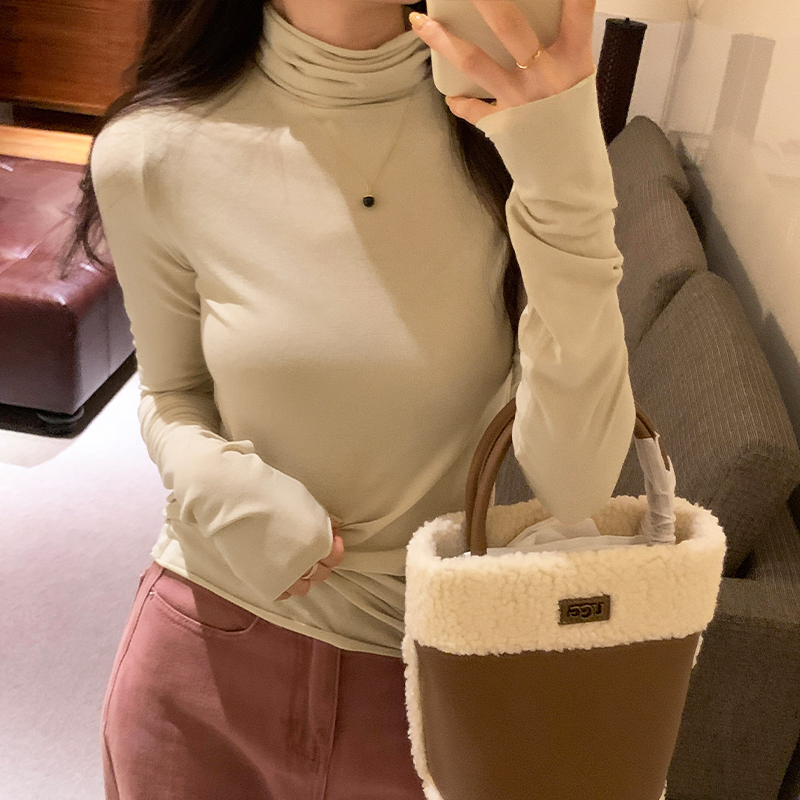 實拍圖韓版修身長袖T恤女2023秋冬新款堆堆領正肩顯瘦內搭打底衫