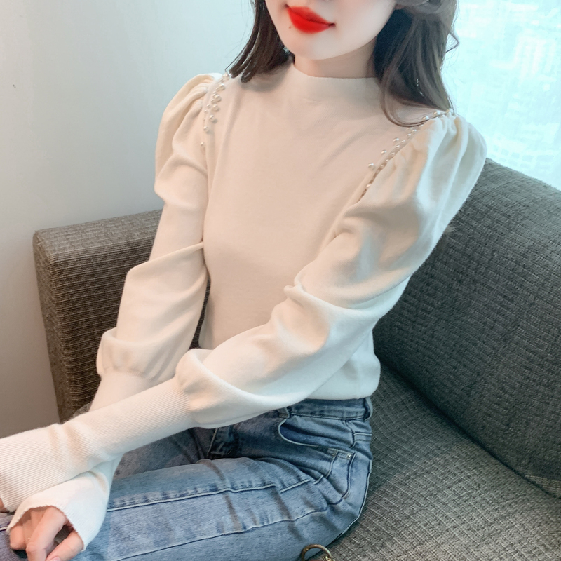 實拍2023新款冬季半高領釘珠內搭打底衫女上衣女別致小衫洋氣毛衣
