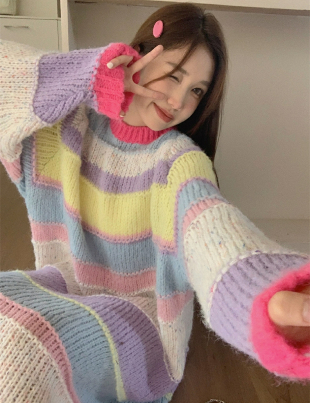 彩虹條紋長款大毛衣女秋冬外穿寬鬆慵懶風過膝套頭針織衫oversize