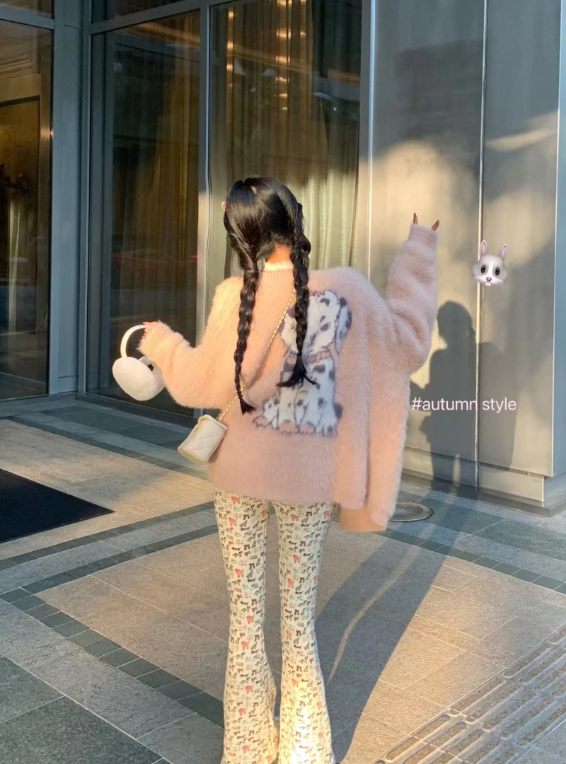 Real shot~Pure love dog repair imitation mink fur thickened sweater jacket for women pink printed sweater