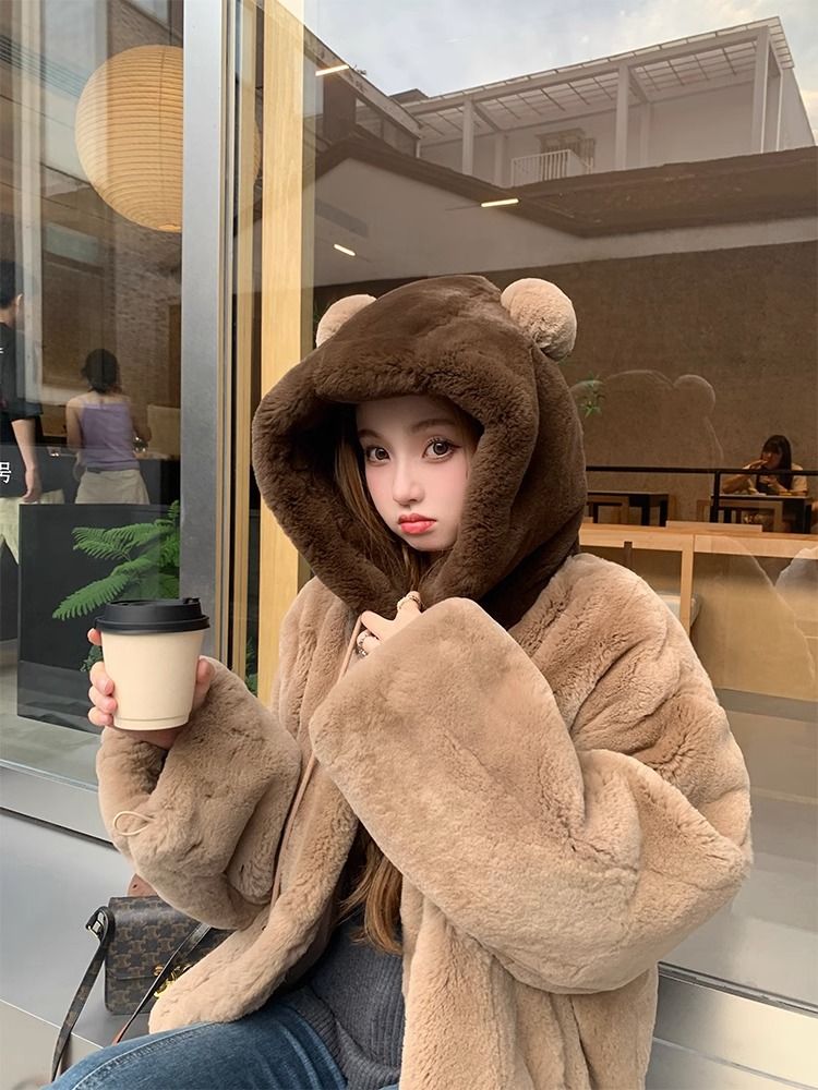 Bear Bear Rabbit imported Rex imitation Rex rabbit fur sheared hooded fashionable fur coat for women new winter thickened