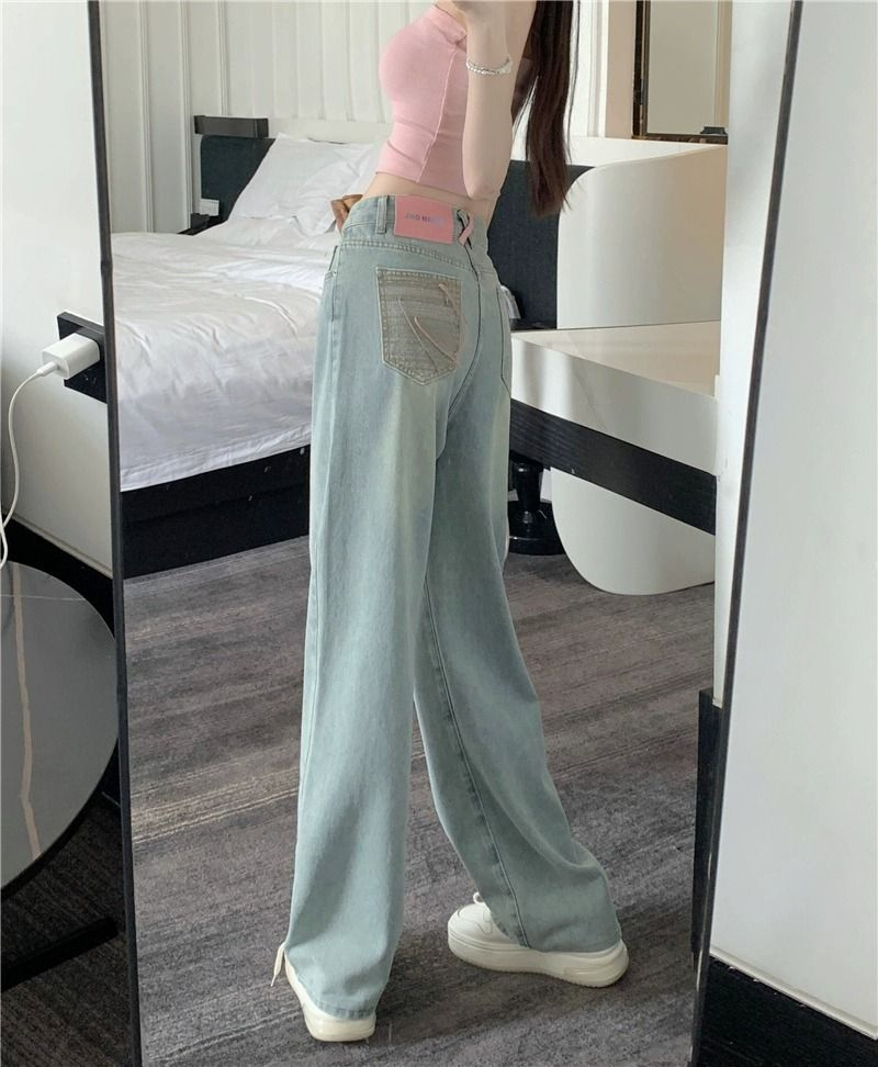 淺藍色寬鬆直筒牛仔褲女高腰顯瘦夏季薄款設計感流蘇百搭闊腿褲潮