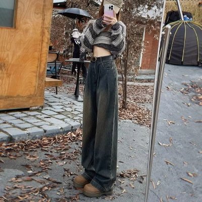 復古水泥灰直筒牛仔褲女小個子秋冬新款顯瘦寬鬆百搭闊腿拖地長褲