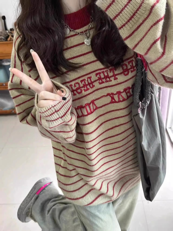 撞色條紋毛衣女套頭圓領秋冬新款寬鬆慵懶風美式復古針織加厚上衣