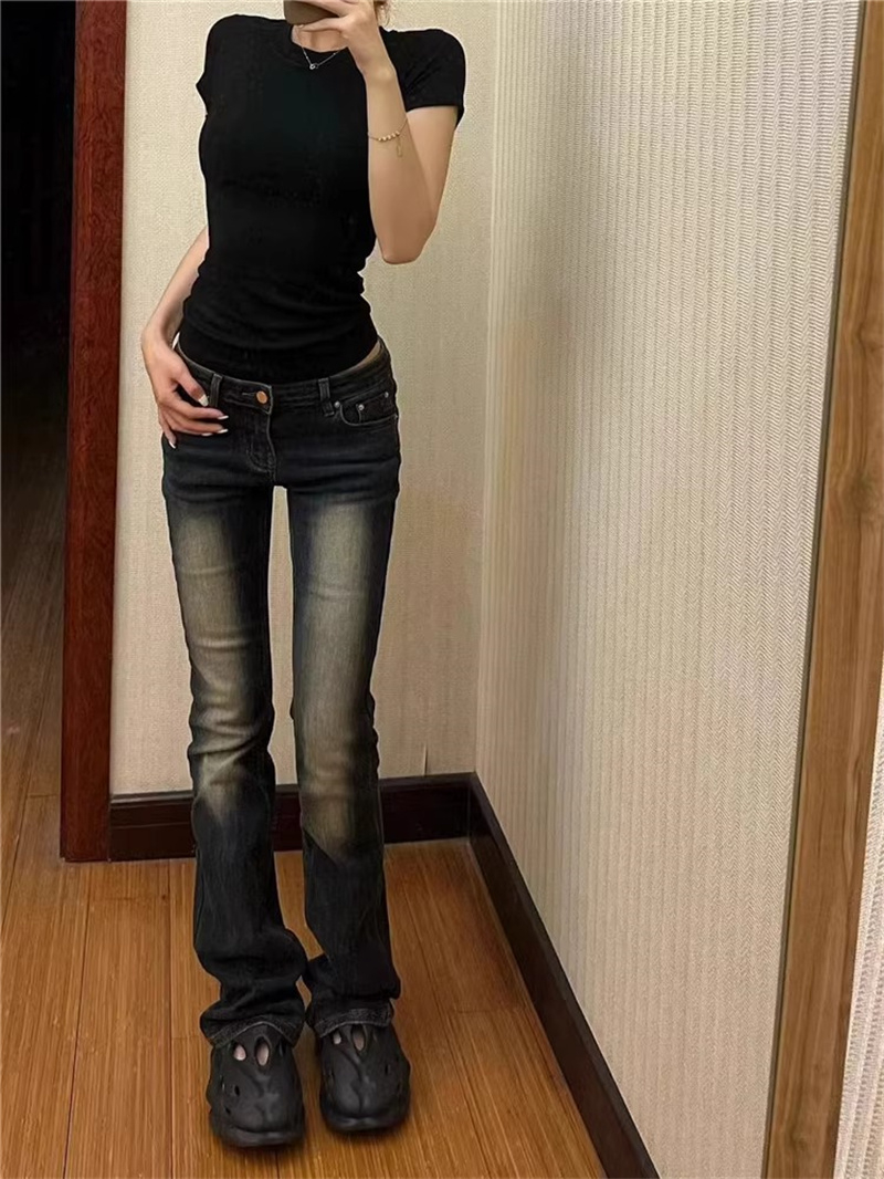 美式復古高街小直筒低腰牛仔褲女春秋修身顯瘦高個子加長煙管褲子