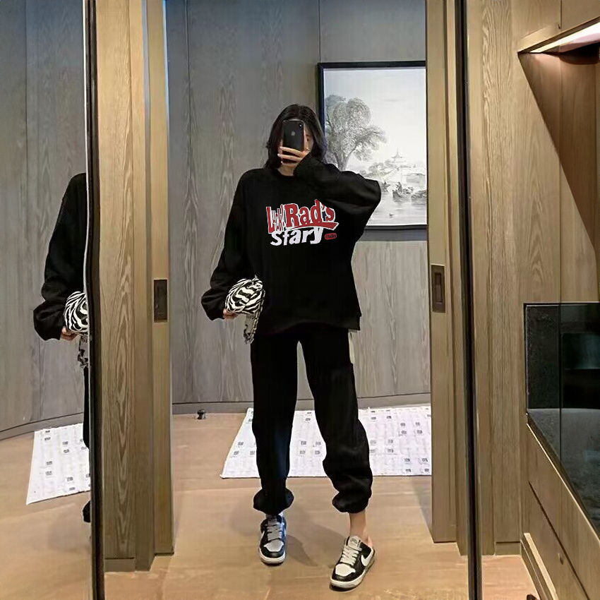 套裝女寬鬆休閒時尚運動服秋冬新款字母印花衛衣長袖兩件套潮
