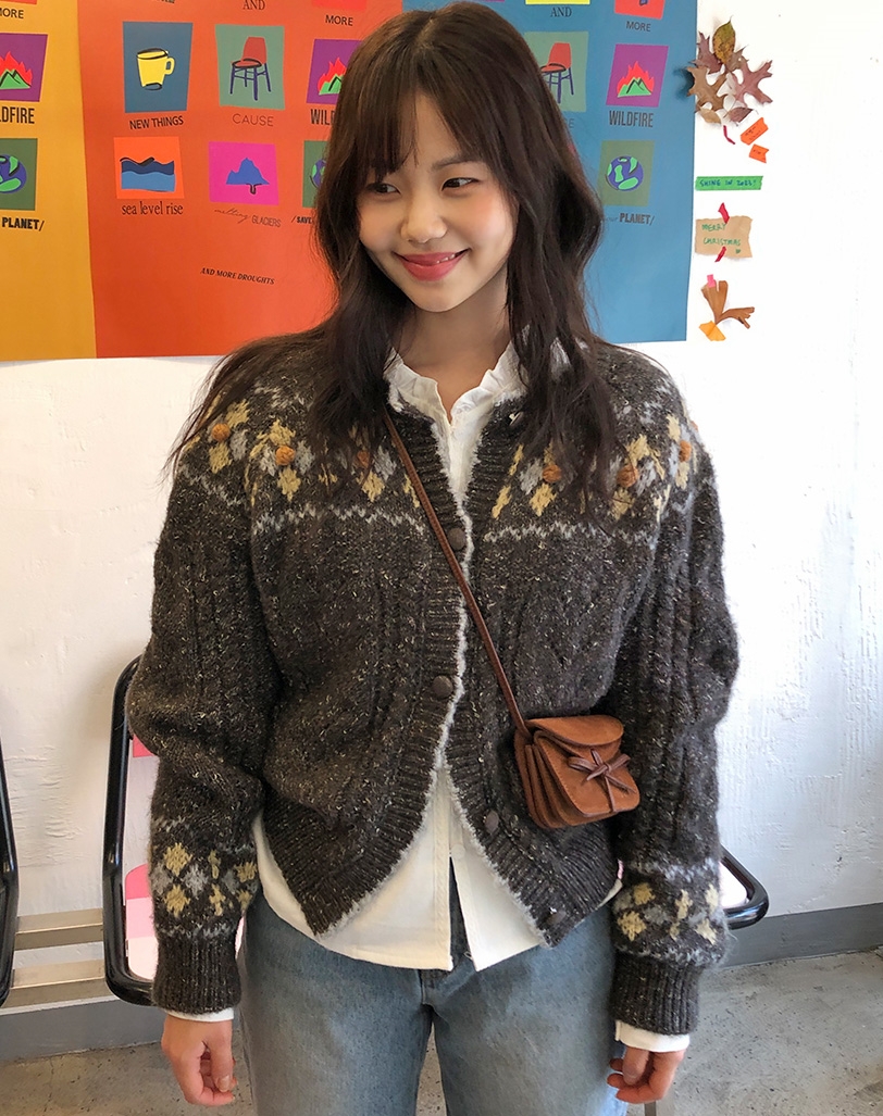 INS韓國東大門圓領長袖古着感針織開衫女軟糯復古毛衣外套潮