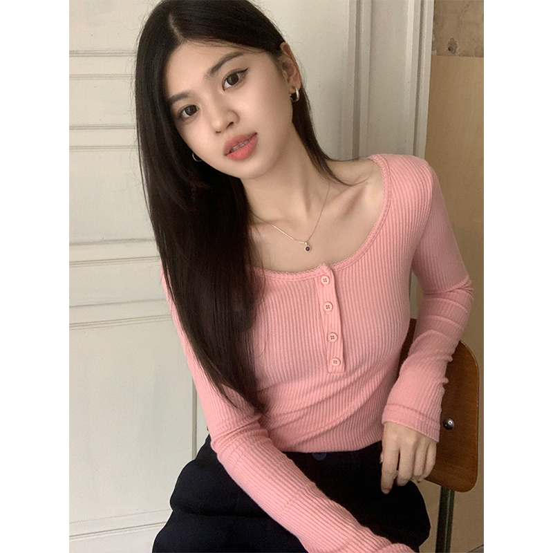 實拍別致紐扣粉色T恤女2023秋季新款韓版修身長袖打底衫低領上衣