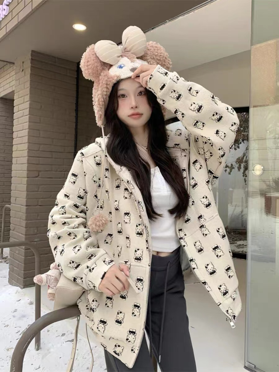 原版提花380克 可愛貓衛衣女拉鏈連帽慵懶風外套秋冬