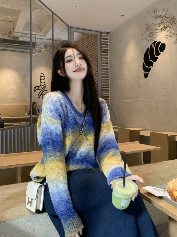 實拍~ 韓版星空花紗彩織暈染條紋漸變寬鬆顯瘦長袖針織毛衣