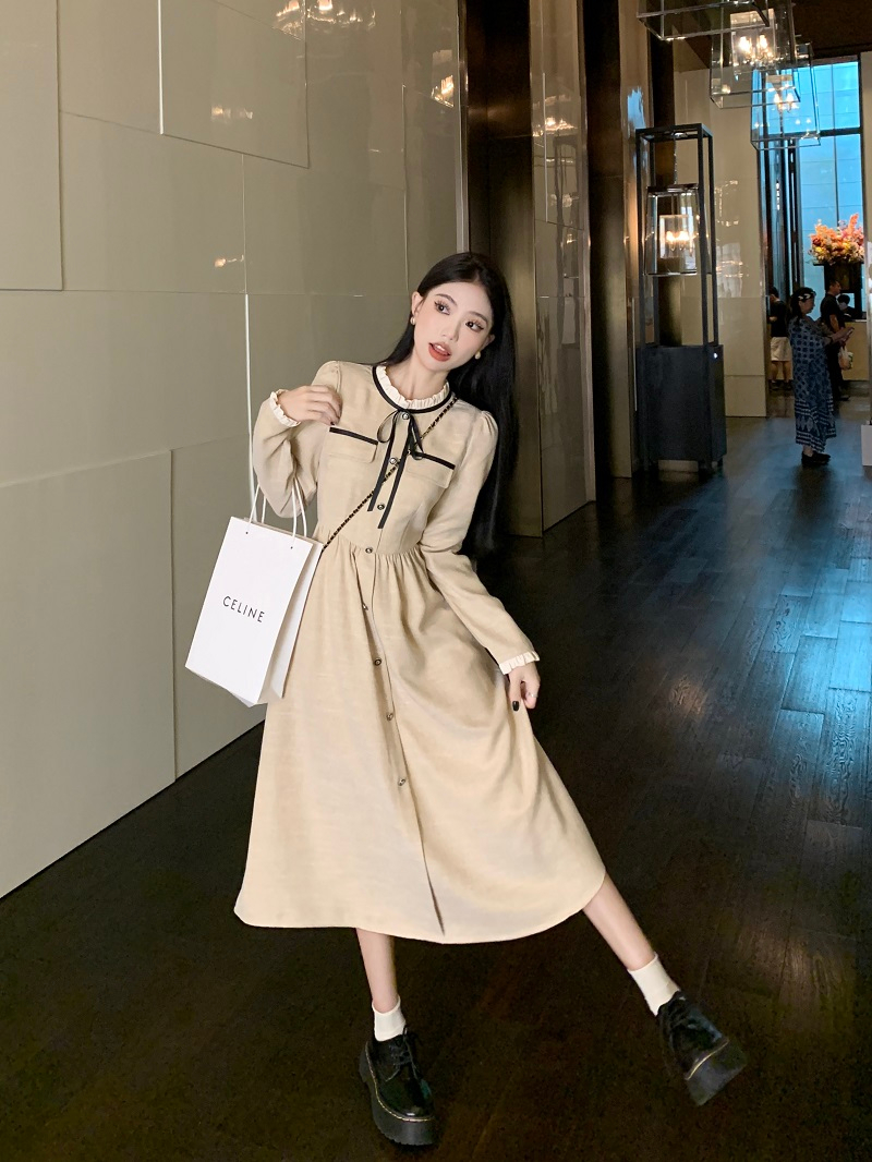 小香風連衣裙女秋冬2023新款名媛氣質收腰顯瘦中長款系帶長袖裙子
