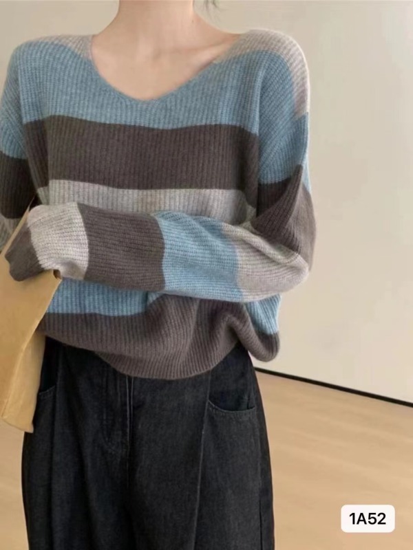 秋冬新款韓版東大門慵懶風V領撞色條紋寬鬆長袖上衣女