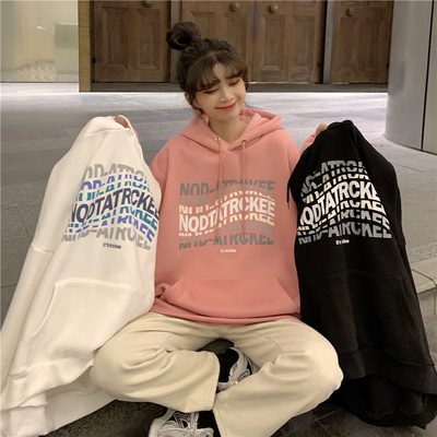 Autumn and winter Korean style new loose age-reducing lazy style plus velvet thickened student hooded long-sleeved sweatshirt women's trendy