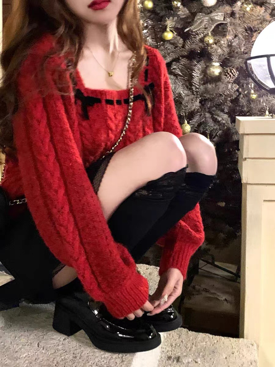 Q女家 莓果松撻紅色編織麻花紅色毛衣新年2023新款女秋