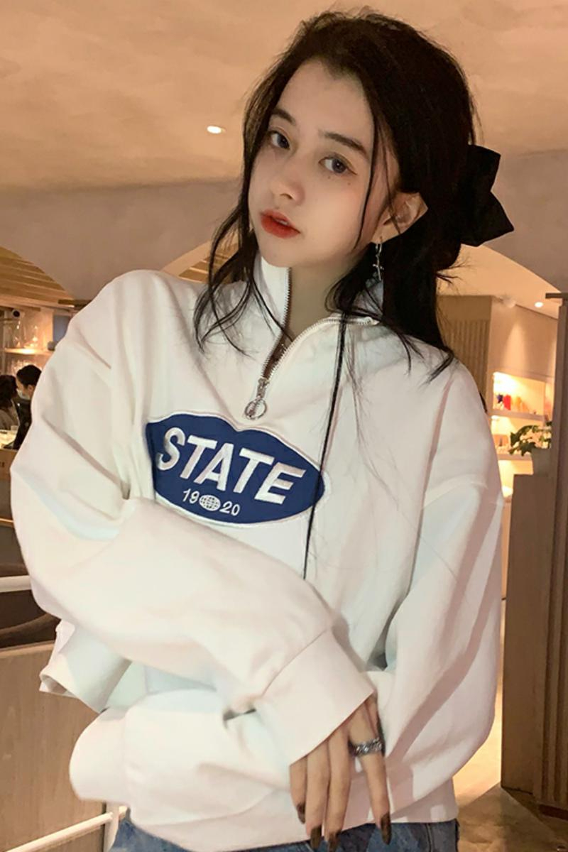 實拍珠地棉250g春秋長袖寬鬆字母繡花立領套頭衛衣女