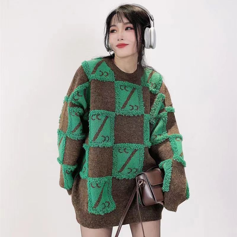 棋盤格大版毛衣女寬鬆外穿慵懶風2023年新款加厚休閒針織秋冬上衣