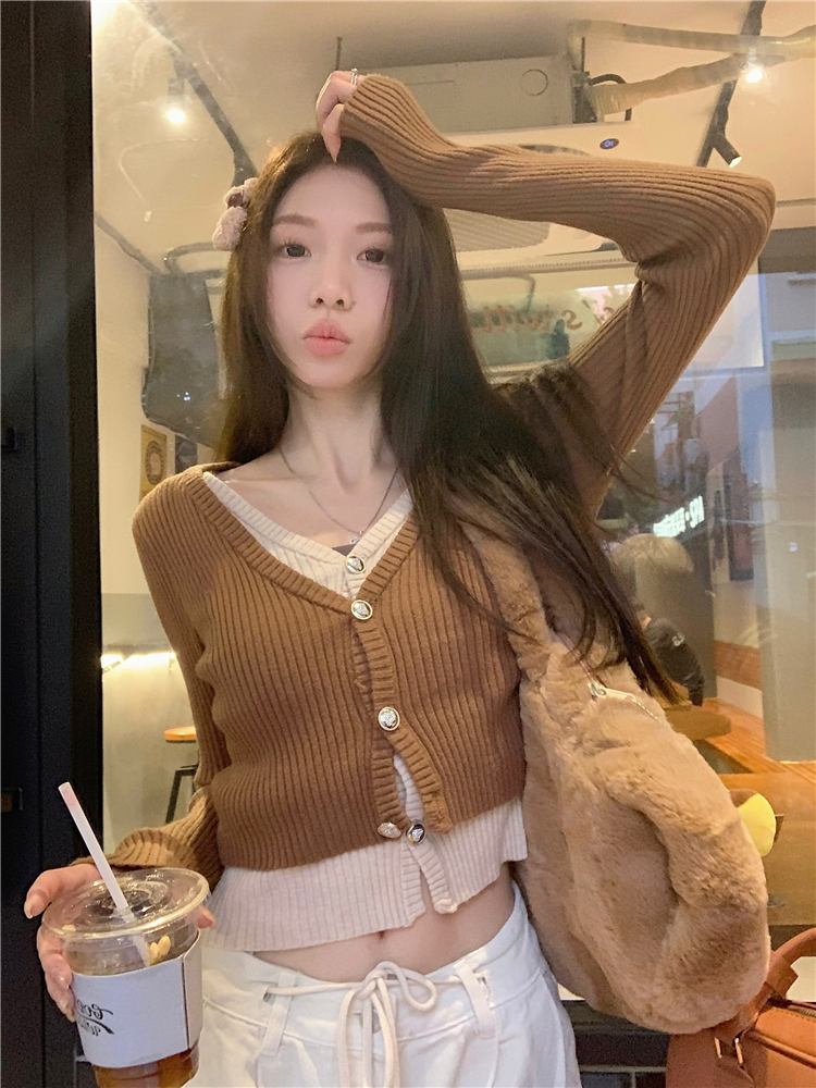 實拍~焦咖甜心純色甜美氣質修身顯瘦設計感溫柔針織衫女