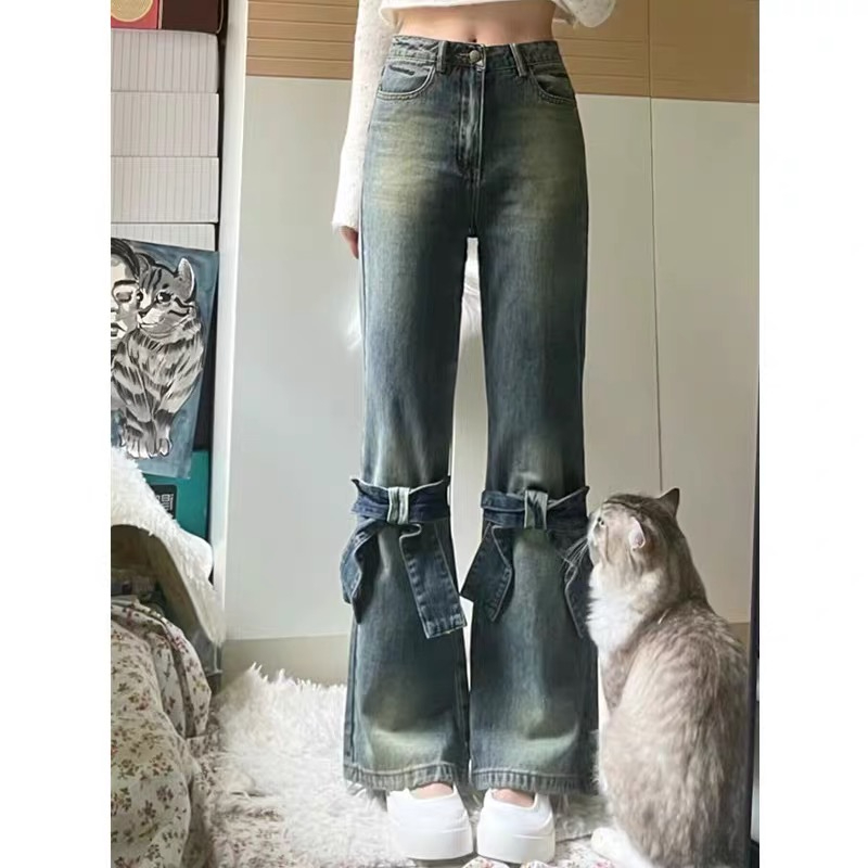 冬季喇叭牛仔褲女秋冬款蝴蝶結不貼腿高腰寬鬆休閒微喇馬蹄長褲子