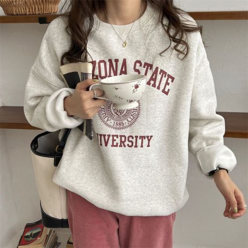 Velvet thickened white and gray round neck sweatshirt for women autumn and winter new Korean style college style American letter top trendy