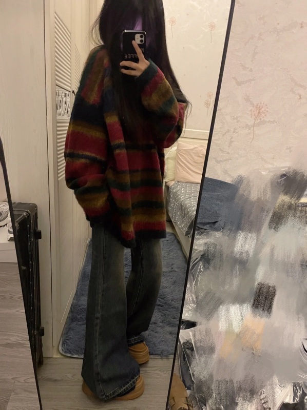 美式復古撞色條紋軟糯毛衣女設計感秋冬2023新款慵懶風寬鬆針織衫