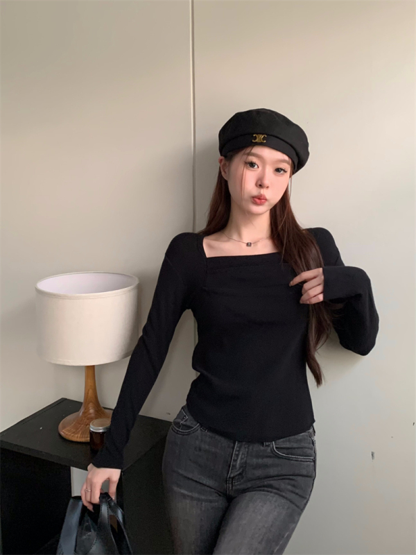 實拍 秋冬新款韓版褶皺方領針織衫上衣女打底衫修身別致上衣