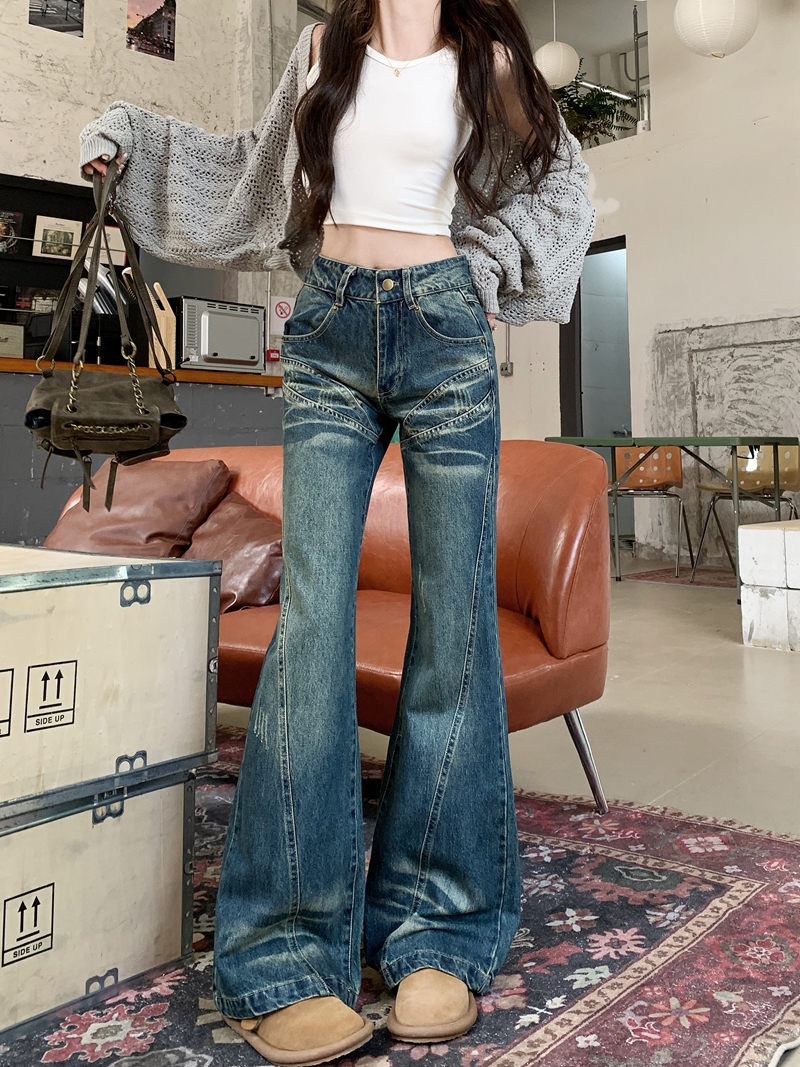 實拍#高腰寬鬆牛仔長褲女設計感水洗復古拼接闊腿拖地褲子