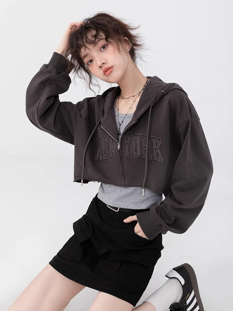 美式連帽拉鏈衛衣兩件套女2023年秋季新款背心字母設計感短款上衣