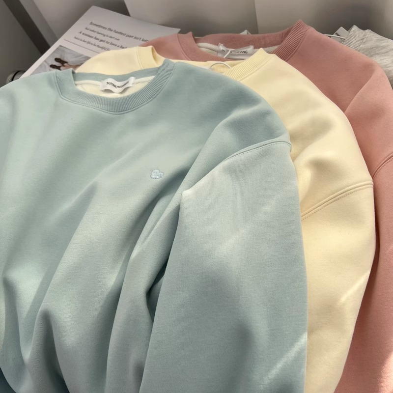 糖果色刺繡愛心加絨圓領衛衣女秋冬寬鬆慵懶套頭上衣潮