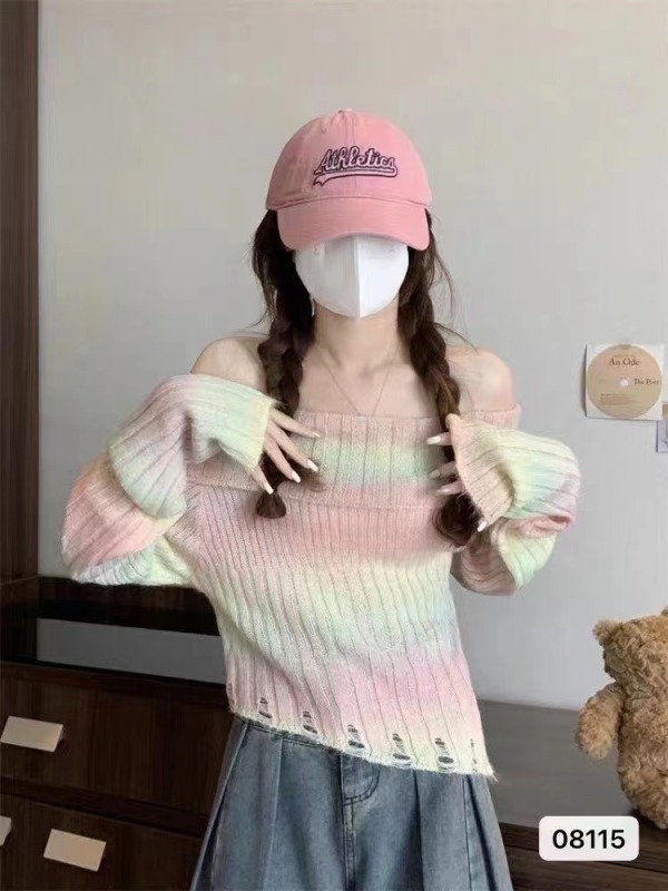 辣妹性感露肩復古一字肩針織衫女秋季不規則套頭長袖毛衣休閒上衣
