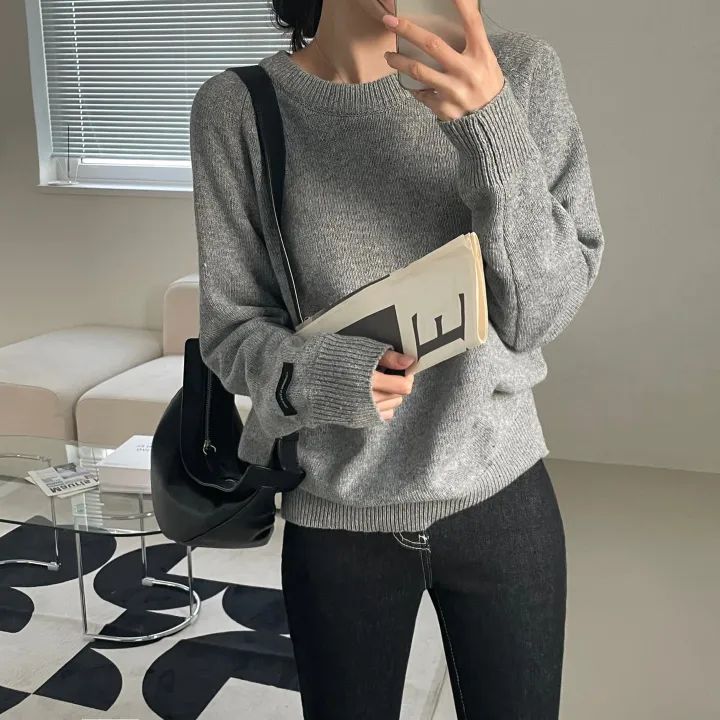 韓國chic秋冬寬鬆慵懶大版型毛衣圓領套頭中長款保暖上衣女