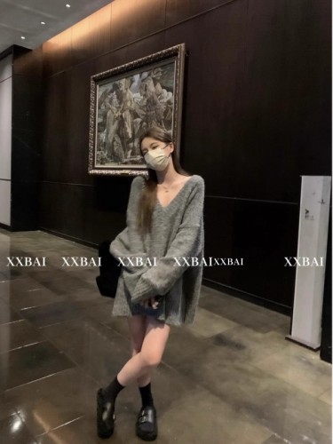 XXBAI 宽松慵懒大v领套头毛衣女小个子中长款针织衫新款秋装