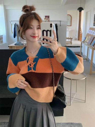 Lace-up striped contrast color long-sleeved sweater for women autumn and winter 2023 new design short loose pullover knitted top