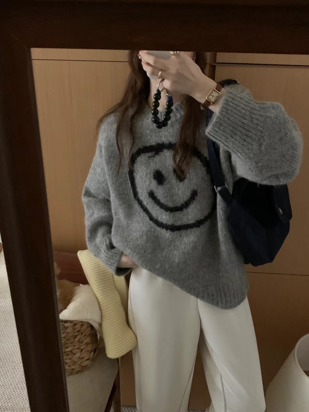 韓國東大門 輕氧女孩 復古慵懶厚實寬鬆顯瘦笑臉羊毛毛衣